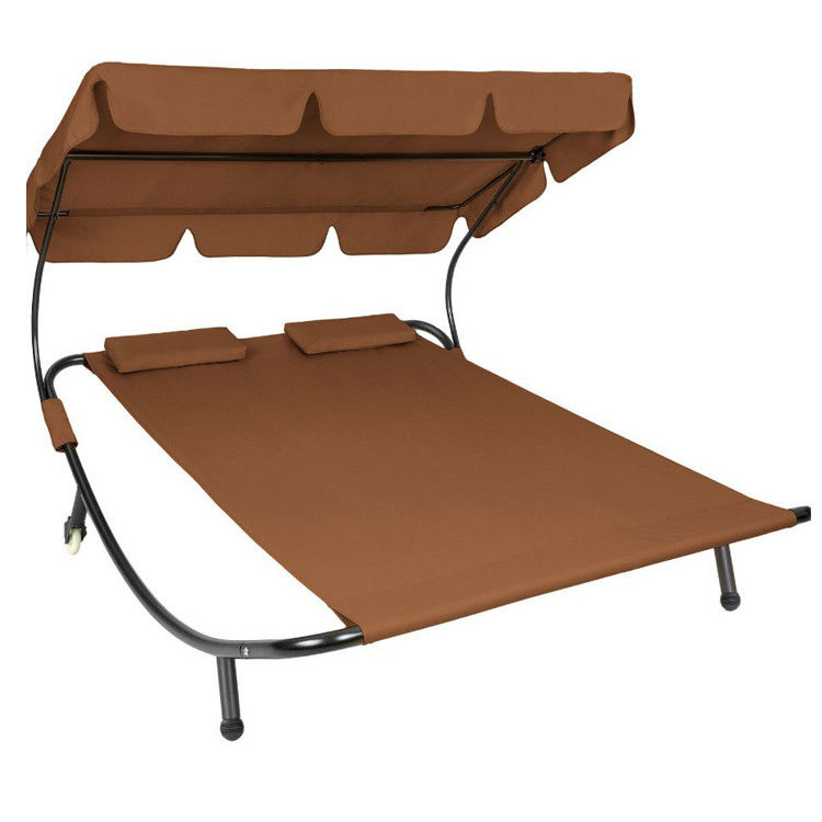 Outdoor Garden Farmhouse Double Sunbed with Canopy and Wheels Enjoy the Sun in Comfort