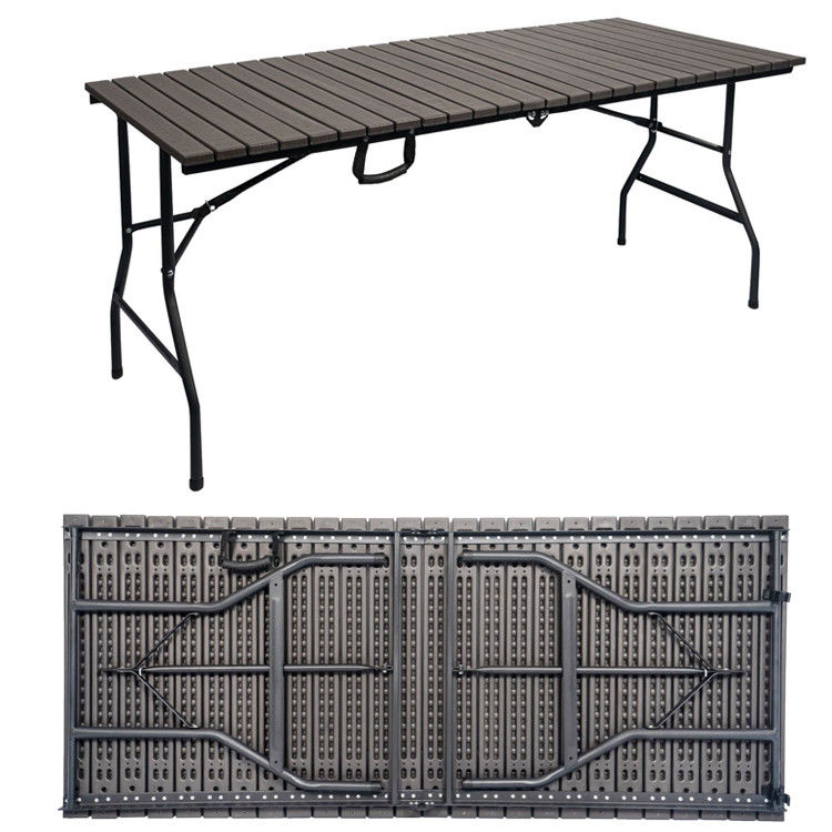 Metal Outdoor Foldable Portable Wood Grain HDPE Plastic Folding Beer Picnic Dining Table