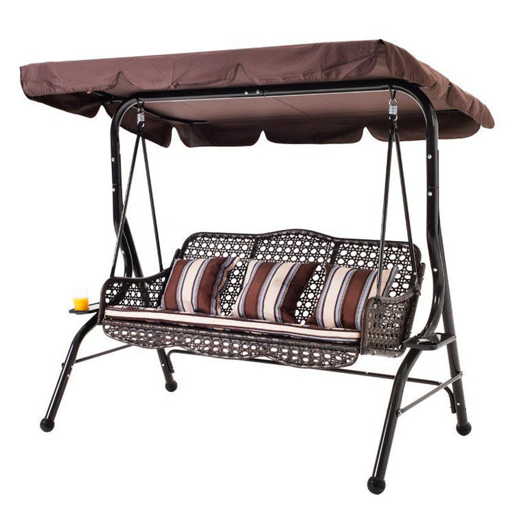 Outdoor Garden Patio Metal Frame Pe Rattan Double 3 Seat Hammock Swing with Canopy