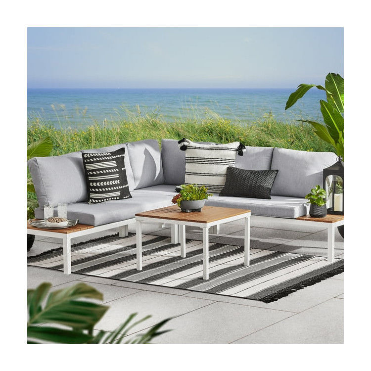 Outdoor Furniture L Shape Sectional Sofa Plastic Teak Wood Corner Lounge Set for Deck
