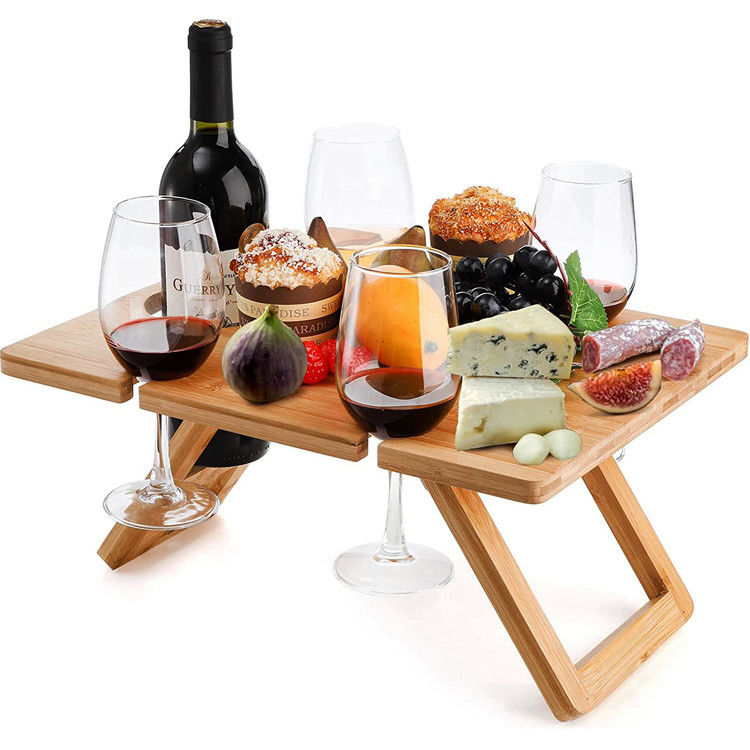 Portable Outdoor Indoor Wooden Bamboo Folding Picnic Tray Table for Snacks and Wine