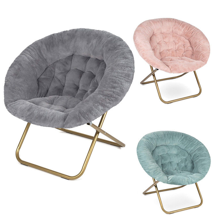 Camping Steel Legs Foldable Moon Chair for Adult and Kid Faux Fur Bedroom Saucer Chair