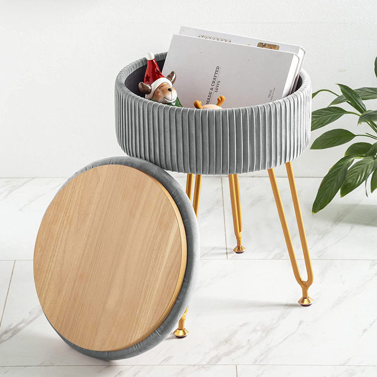 Custom Logo Velvet Storage Ottoman Footstool with Metal Legs and Round Footrest Stool